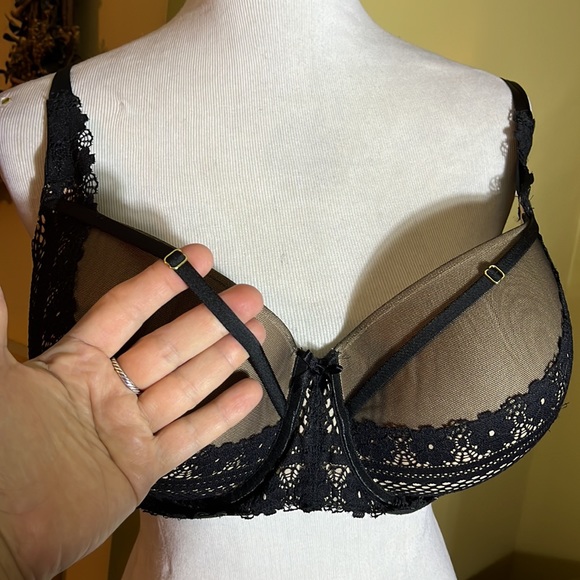 CACIQUE Size 42DDD Black Lace Nude Illusion Pad Bra PushUp Underwire SEXY $58NEW - Picture 9 of 12
